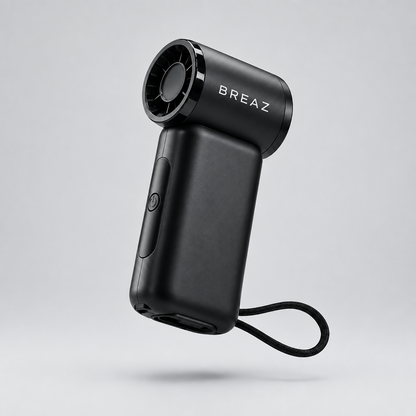 Black BREAZ ONE PRO handheld fan with powerbank, angled product view on a light grey background