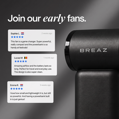 Close-up van de zwarte BREAZ ONE PRO handventilator naast drie vijfsterrenreviews onder de kop "Join our early fans"
